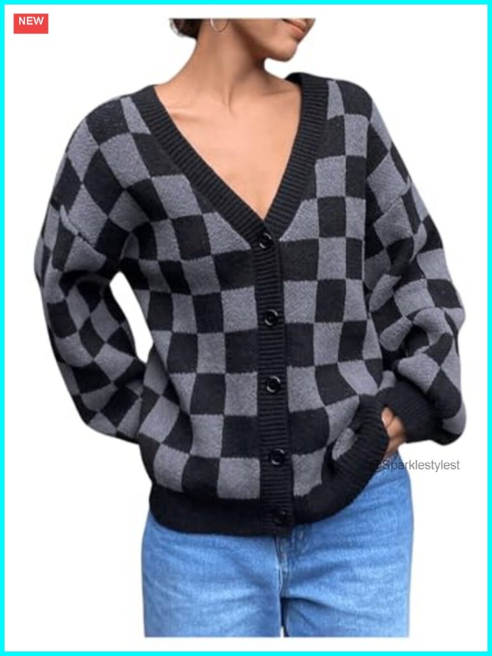 Plaid Button Down Cardigan V Neck Long Sleeve Knit Sweater